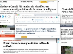 A screenshot of different news outlets covering the Cowessess First Nation events on Friday, June 25, 2021 in Regina.