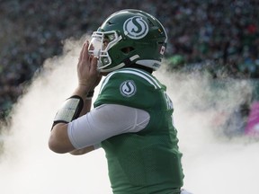 Saskatchewan Roughriders quarterback Cody Fajardo will soon return to the field at Mosaic Stadium for the first time since Nov. 17, 2019, when he is shown emerging from the tunnel prior to the CFL's West Division final against the Winnipeg Blue Bombers.