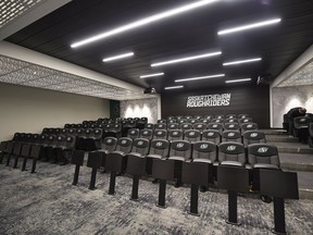 The Saskatchewan Roughriders will have to practise social distancing in their expansive main meeting room at Mosaic Stadium.