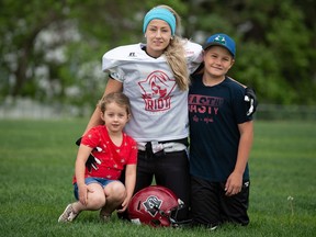 Regina Riot running back Rebekah Hove is shown with her children Lia, left, and Kaleb.