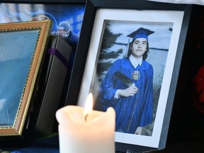 A shrine created in memory of Brennan Ahenakew at his home with items and images from family and friends. Pictures taken May 18th, 2018.