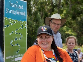 Mary Culbertson, Treaty Commissioner of Saskatchewan, speaks during the launch of the Treaty Land Sharing Network at Mary Smillie's farm near Bladworth, Sask. on Thursday, July 15, 2021.
