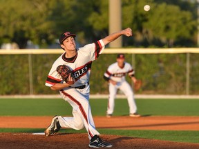 Regina-born pitcher Thomas Ireland, shown with the Polk State Eagles, was chosen in the 13th round of the Major League Baseball draft by the Texas Rangers on Tuesday.