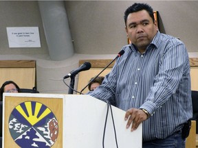 In this file photo from 2013, Edmund Bellegarde, File Hills Qu’Appelle Tribal Council chief and CEO, addresses a news conference in Fort Qu'Appelle. On Thursday, the FHQTC and Red Cross entered into a collaboration agreement on disaster assistance.