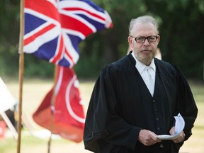 REGINA, SASK : August 3, 2018  -- Peter Champagne, the producer of "The Trial of Louis Riel," acts in a shortened version of the play put on at the Justice for our Stolen Children camp across from the Saskatchewan Legislative Building. BRANDON HARDER/ Regina Leader-Post