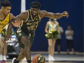 Saskatchewan Rattlers guard Nervens Demosthene, shown here chasing after a loose ball under pressure from during CEBL action in Saskatoon on Monday, June 28, 2021, had 14 points Tuesday.