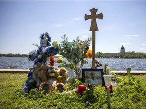 A memorial dedicated to Samwel Uko on the north shore of Wascana Lake on Wednesday, July 7, 2021 in Regina.