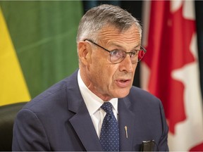 Don Morgan, minister responsible for all major Crown corporations, gives details on Sasktel's annual report at the Legislative Building on Thursday, July 8, 2021 in Regina