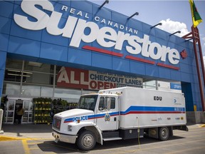 The Regina Police Service's Explosives Disposal Unit is on scene at the city's east Superstore after getting a report that there was potentially a bomb in or near the business on July 9, 2021 in Regina.