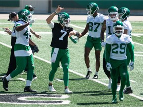 Quarterback Cody Fajardo, 7, enjoys being in the centre of the action at the Saskatchewan Roughriders' training camp.