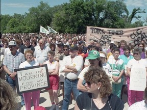 Protesters gather at the Saskatchewan Legislative Building to protest the Fair Share, Saskatchewan program. Leader-Post photo by Bryan Schlosser. Photo taken June 13, 1991.