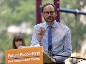 NDP Leader Ryan Meili at a news conference on July 16, 2021.
