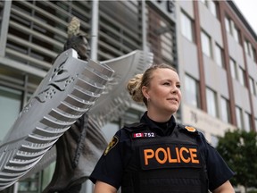 Const. Tamara Paulsen, currently with the Saskatoon Police Service's Equity and Cultural Engagement Unit, stands for a photo outside the Saskatoon Police Service Headquarters. Photo taken in Saskatoon, Sask. on Monday, July 19, 2021.