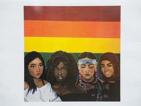 A piece of art entitled Equality by artist Lexie Gollings hangs as part of the Multi-Faith Saskatchewan's The Saskatchewan Visual Art Project exhibition on display at the Regina Public Library's Central Branch in Regina, Saskatchewan on July 21, 2021.