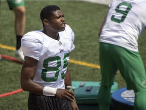 Saskatchewan Roughriders receiver Kyran Moore, shown at training camp, is hoping for a big year after an eventful, extended off-season.