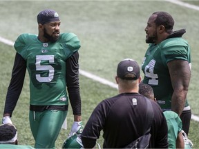 Saskatchewan Roughriders defensive back Loucheiz Purifoy, left, likes to clown around away from the field.