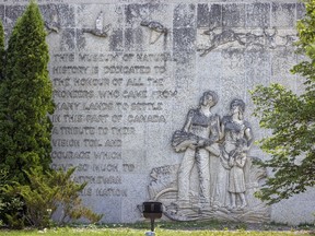 The the inscription on the front of the Royal Saskatchewan Museum (RSM) dedicating the RSM to pioneers on Thursday, July 29, 2021 in Regina.