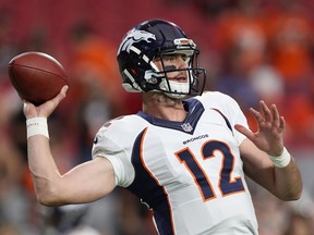 Paxton Lynch, shown with the Denver Broncos in 2016, is trying to resurrect his pro football career with the Saskatchewan Roughriders.