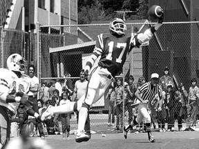 Saskatchewan Roughriders receiver Joey Walters makes a spectacular one-handed catch for a touchdown against the B.C. Lions in 1982.