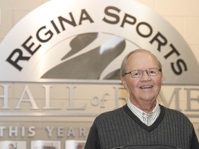 Don McDougall, a long-time volunteer with the Saskatchewan Roughriders and Regina Rams, is shown in 2017 after being inducted into the Regina Sports Hall of Fame.