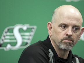 Saskatchewan Roughriders head coach Craig Dickenson, shown in February of 2020, already has some holes to fill on his roster after Achilles tendon injuries shelved four players during a workout Thursday.