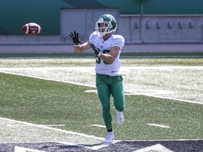 Receiver Jake Harty his eye on the ball during training camp with the Saskatchewan Roughriders.