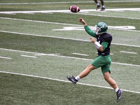 Saskatchewan Roughriders quarterbacking hopeful Tom Flacco releases a pass during Tuesday's training-camp session at Mosaic Stadium.