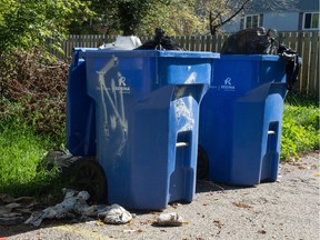 Trash bags poke out from curbside recycling blue bins in a Regina alleyway on Sept. 13, 2019.