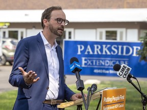 Sask. NDP leader Ryan Meili speaks out front of Extendicare Parkside on Thursday, August 5, 2021 in Regina. Meili was reacting to a report released by the Saskatchewan Ombudsman on a COVID-19 outbreak at Extendicare Parkside.