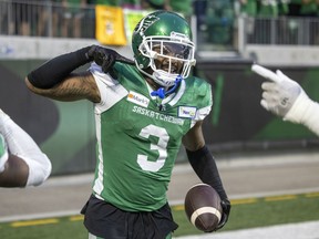 Roughriders cornerback Nick Marshall celebrates an interception-return touchdown Friday against the B.C. Lions at Mosaic Stadium. The pick-six was the fourth of Marshall's career, tying the Roughriders' all-time mark that was originally set in 1982 by Ken McEachern.