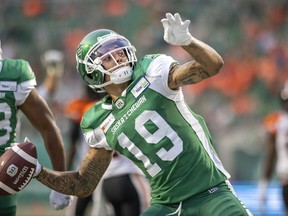Saskatchewan Roughriders receiver Brayden Lenius celebrated his first CFL touchdown by throwing the ball into the Mosaic Stadium stands on Friday, even though he had promised to give the ball to his mom.