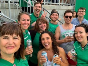 Saskatchewan NDP MLAs Carla Beck (at far left), Aleana Young (second from left) and Nicole Sarauer (at far right) at the Saskatchewan Roughriders game on Friday on Aug. 6, 2021.