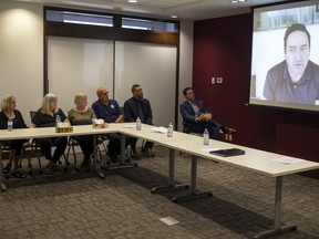 Othram CEO David Mittelman, on screen right, speaks at a press conference about the DNA technology and genealogical research used to help identify Michael Kirov. At left are the three cousins of Kirov the search eventually pinpointed.