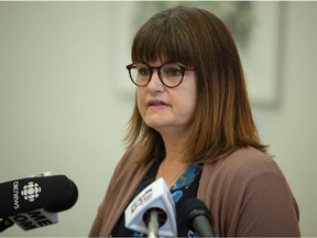 NDP MLA Carla Beck speaks to media regarding her concerns about COVID-19 as schools prepare to start up for a new year during a news conference held at the Saskatchewan Legislative Building in Regina, Saskatchewan on August 18, 2021.