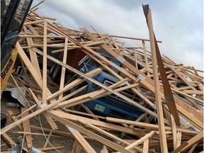 The Zakaluzny family farm near Hodgeville, Sask. was hit by a tornado on Monday, causing massive damage to structures and equipment. (photo submitted by Trenton Zakaluzny)