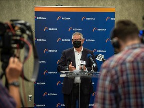 Regina City manager Chris Holden speaks to members of the media during a news conference, regarding the City's measures to manage the spread of COVID-19, held at City Hall in Regina, Saskatchewan on August 31, 2021.