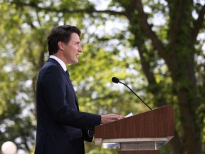 Prime Minister Justin Trudeau speaks during a news conference at Rideau Hall after asking Governor General Mary Simon to dissolve Parliament on Aug. 15, 2021 in Ottawa.
