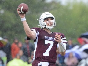 Regina Thunder quarterback Carter Shewchuk, shown in this file photo, rallied the team from a 36-12 deficit Sunday against the host Edmonton Huskies.