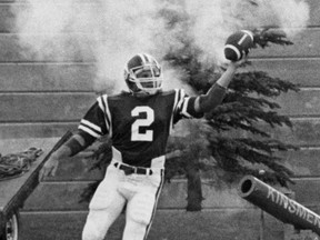 The Saskatchewan Roughriders' Greg Fieger celebrates a 15-yard touchdown reception against the Montreal Alouettes on Sept. 6, 1981 at Taylor Field.