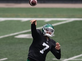 Marquee quarterback Cody Fajardo, shown at practice on Tuesday, is among the vaccinated members of the Saskatchewan Roughriders.