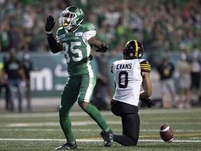 Saskatchewan Roughriders receiver Kyran Moore celebrates a touchdown catch during Saturday's 30-8 CFL victory over the visiting Hamilton Tiger-Cats.