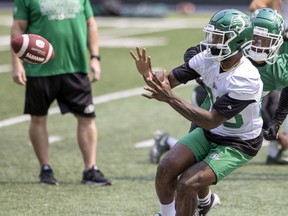Paul McRoberts, shown making a catch during a recent practice, is to replace injured receiver Shaq Evans in the Saskatchewan Roughriders' lineup Saturday against the visiting Ottawa Redblacks.