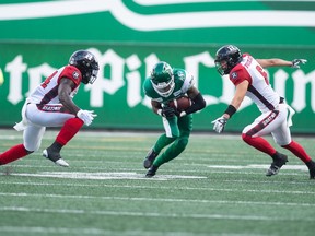 Saskatchewan Roughriders receiver Kyran Moore (centre) has been lost for the remainder of regular season and playoffs due to a knee injury.
