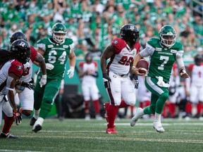 Saskatchewan Roughriders quarterback Cody Fajardo runs for some of his game-high 47 yards during Saturday's 23-10 victory over the Ottawa Redblacks at Mosaic Stadium.