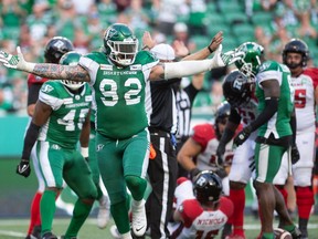 Saskatchewan Roughriders defensive lineman Garrett Marino (92) celebrates after sacking Ottawa Redblacks quarterback Matt Nichols during Saturday's CFL game at Mosaic Stadium.

BRANDON HARDER/ Regina Leader-Post