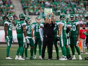 Head coach Craig Dickenson (centre) is ready for challenges the Saskatchewan Roughriders will face on a road-heavy schedule for the Green and White. BRANDON HARDER/ Regina Leader-Post