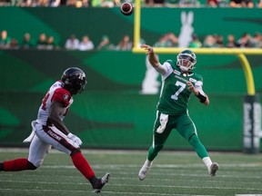 Saskatchewan Roughriders quarterback Cody Fajardo is shown on Saturday, when he completed 30 of 35 passes in a 23-10 victory over the Ottawa Redblacks at Mosaic Stadium.
