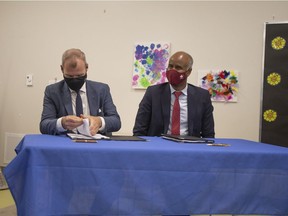 CP-Web. Saskatchewan's Minister of Education, Dustin Duncan and Minister of Families, Children and Social Development, Ahmed Hussen announce a provincial and federal agreement for federal funding of nearly $1.1 billion over the next five years in Saskatchewan. The announcement was held at Hope's Home childcare centre in Regina, Sask., on Friday, August 13, 2021.