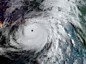 A satellite image shows Hurricane Ida in the Gulf of Mexico and approaching the coast of Louisiana on Aug. 29, 2021.