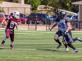 Regina Thunder's Isaac Foord (8) vs. Winnipeg Rifles on Aug. 29, 2021 at Leibel Field. Wanda Harron Photography.